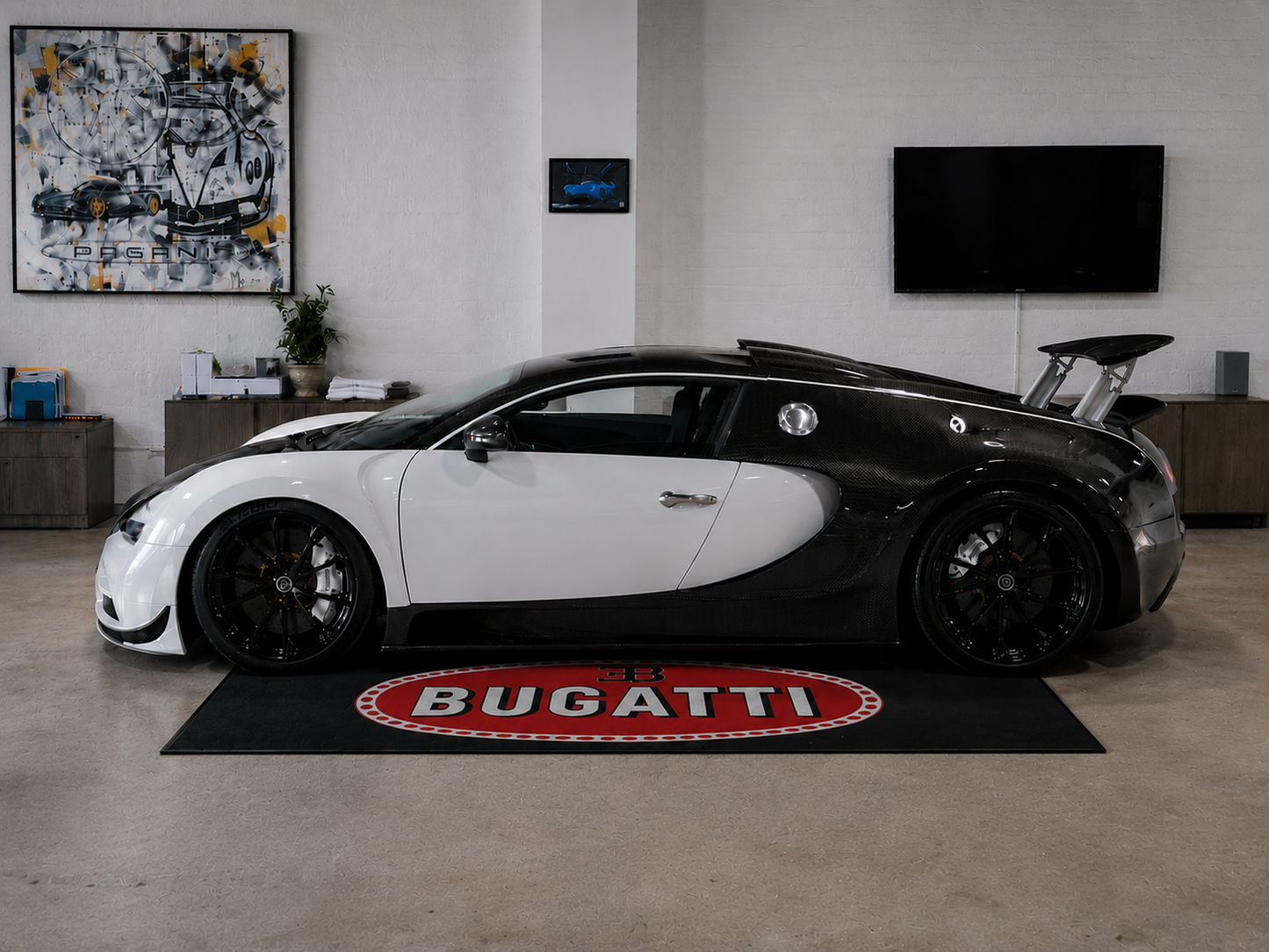 Bugatti Garage Floor Mat 5x7 FT (60x87 Inches) Premium Showroom Rug & Wall Decor