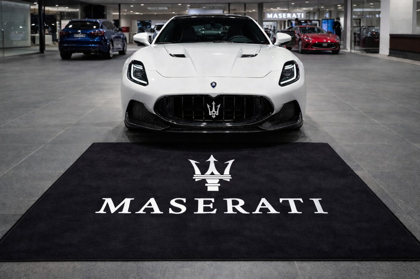 Maserati Garage Floor Mat 5x7 FT (60x87 Inches) Premium Showroom Rug & Wall Decor Luxury Racing Style