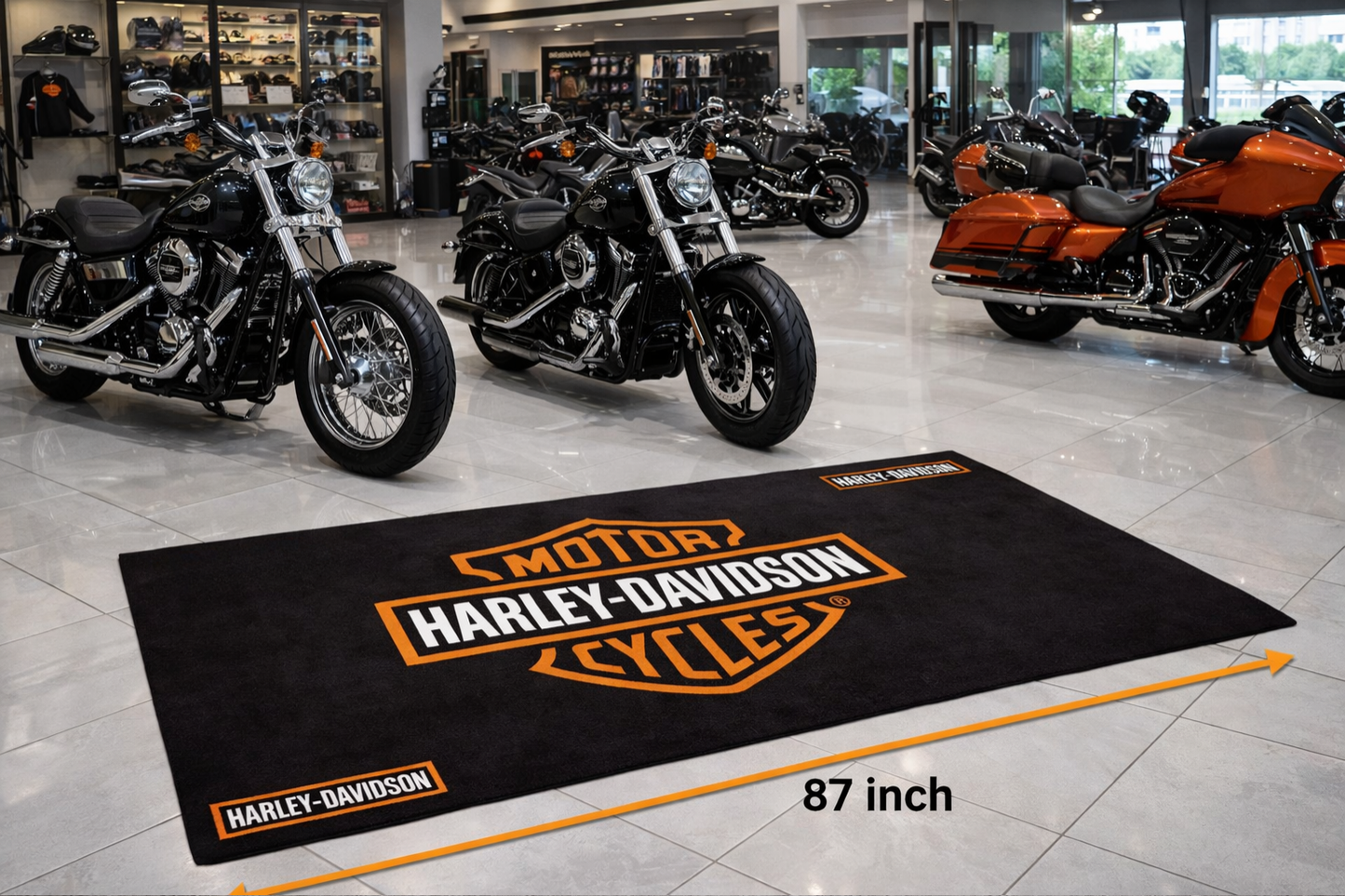 Harley Davidson Motorcycle Garage Floor Mat 32x87 Inches Premium Showroom Rug & Wall Decor Racing Style Bike Carpet