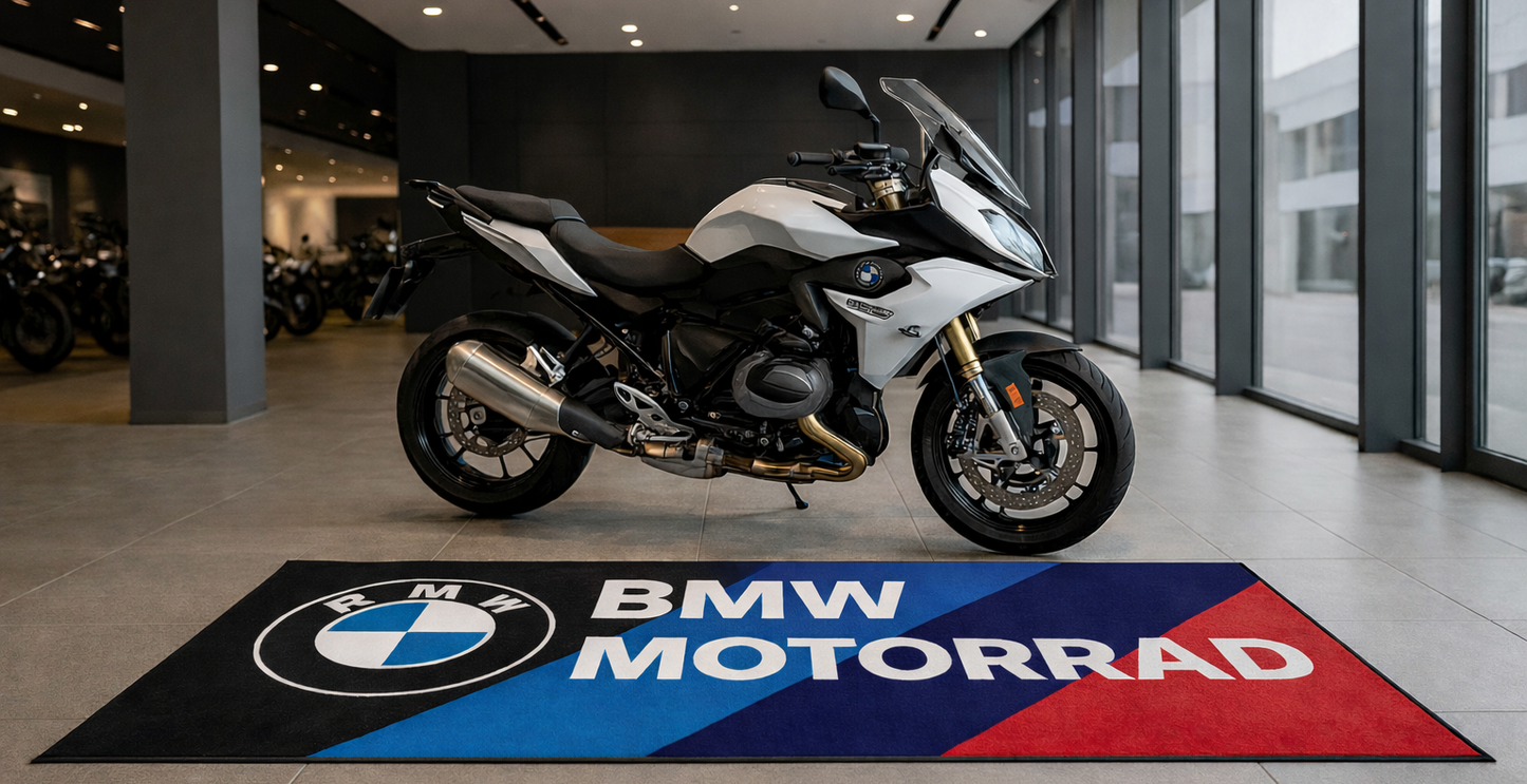 BMW Motorcycle Garage Floor Mat 32x87 Inches Premium Showroom Rug & Wall Decor Racing Style Bike Carpet