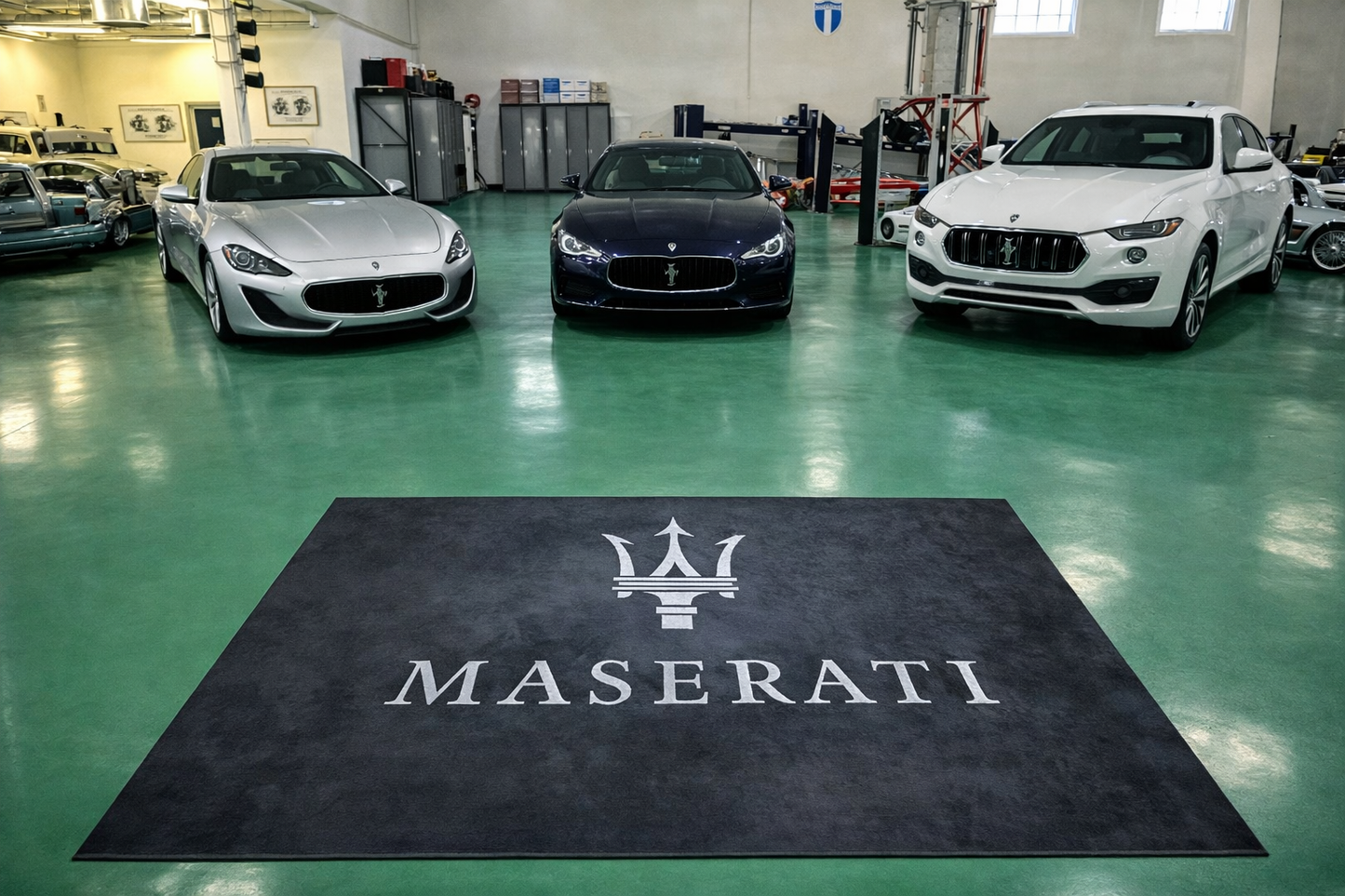 Maserati Garage Floor Mat 5x7 FT (60x87 Inches) Premium Showroom Rug & Wall Decor Luxury Racing Style