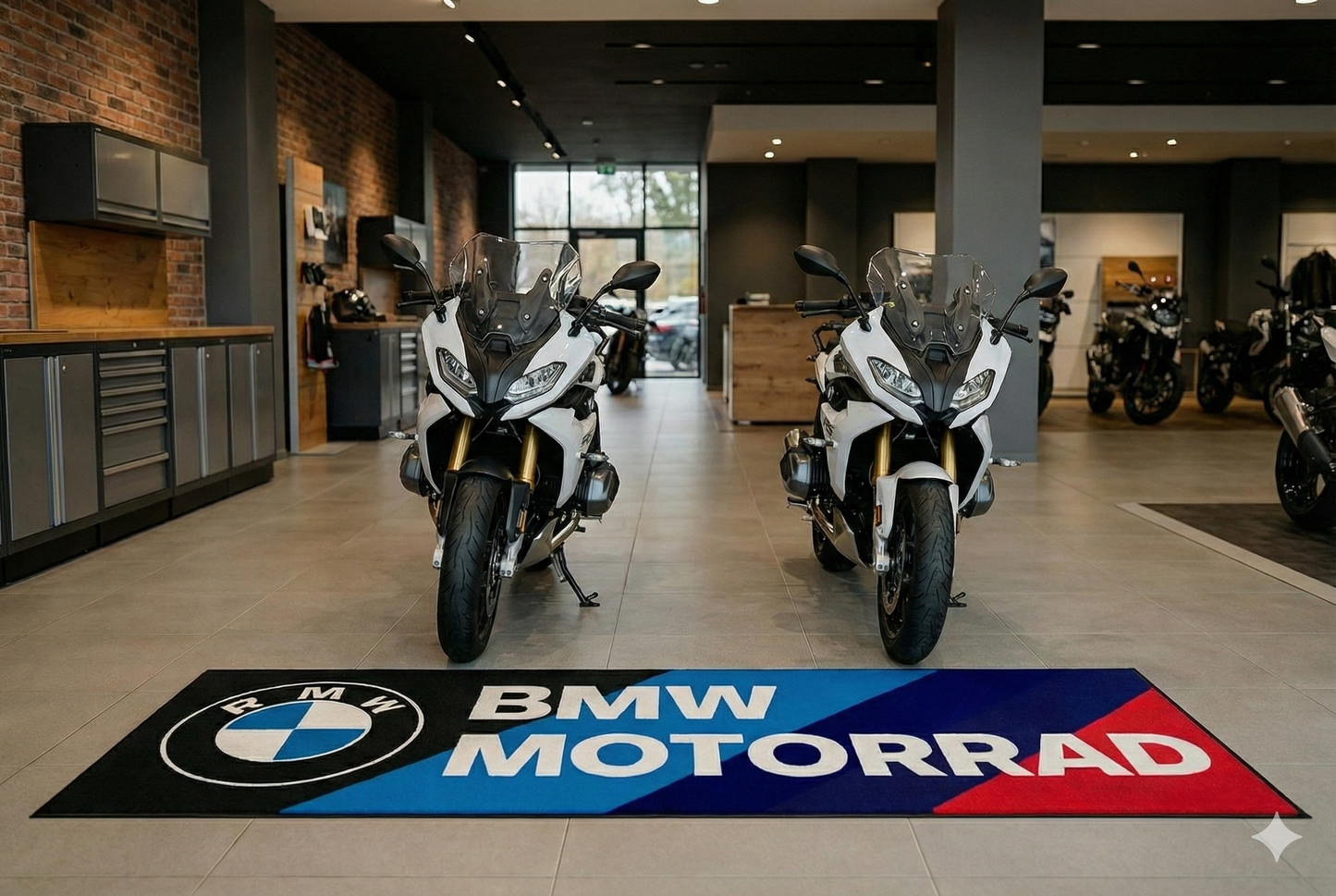 BMW Motorcycle Garage Floor Mat 32x87 Inches Premium Showroom Rug & Wall Decor Racing Style Bike Carpet