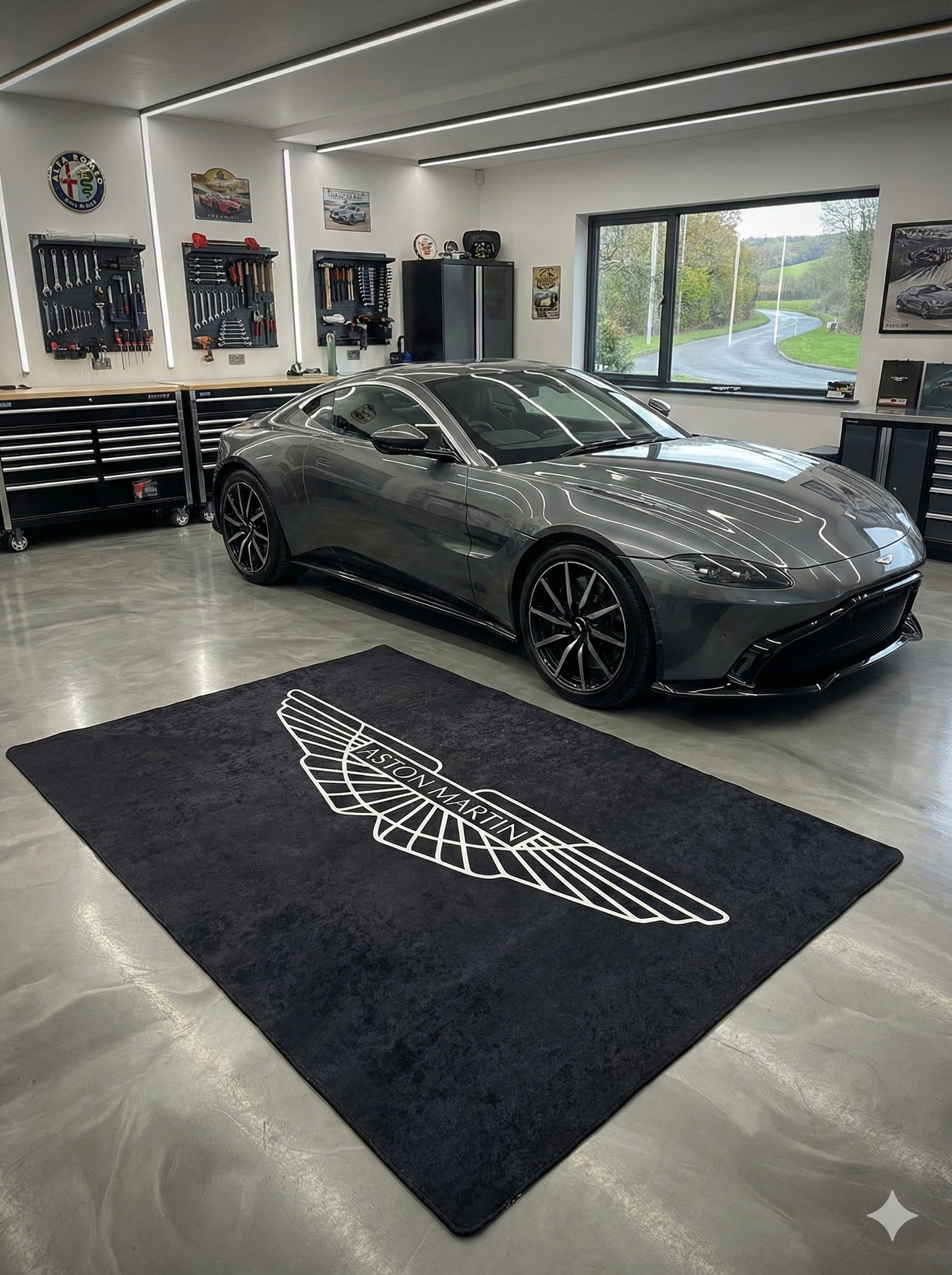 Aston Martin Garage Floor Mat 5x7 FT (60x87 Inches) Premium Showroom Rug & Wall Decor Luxury Racing Style