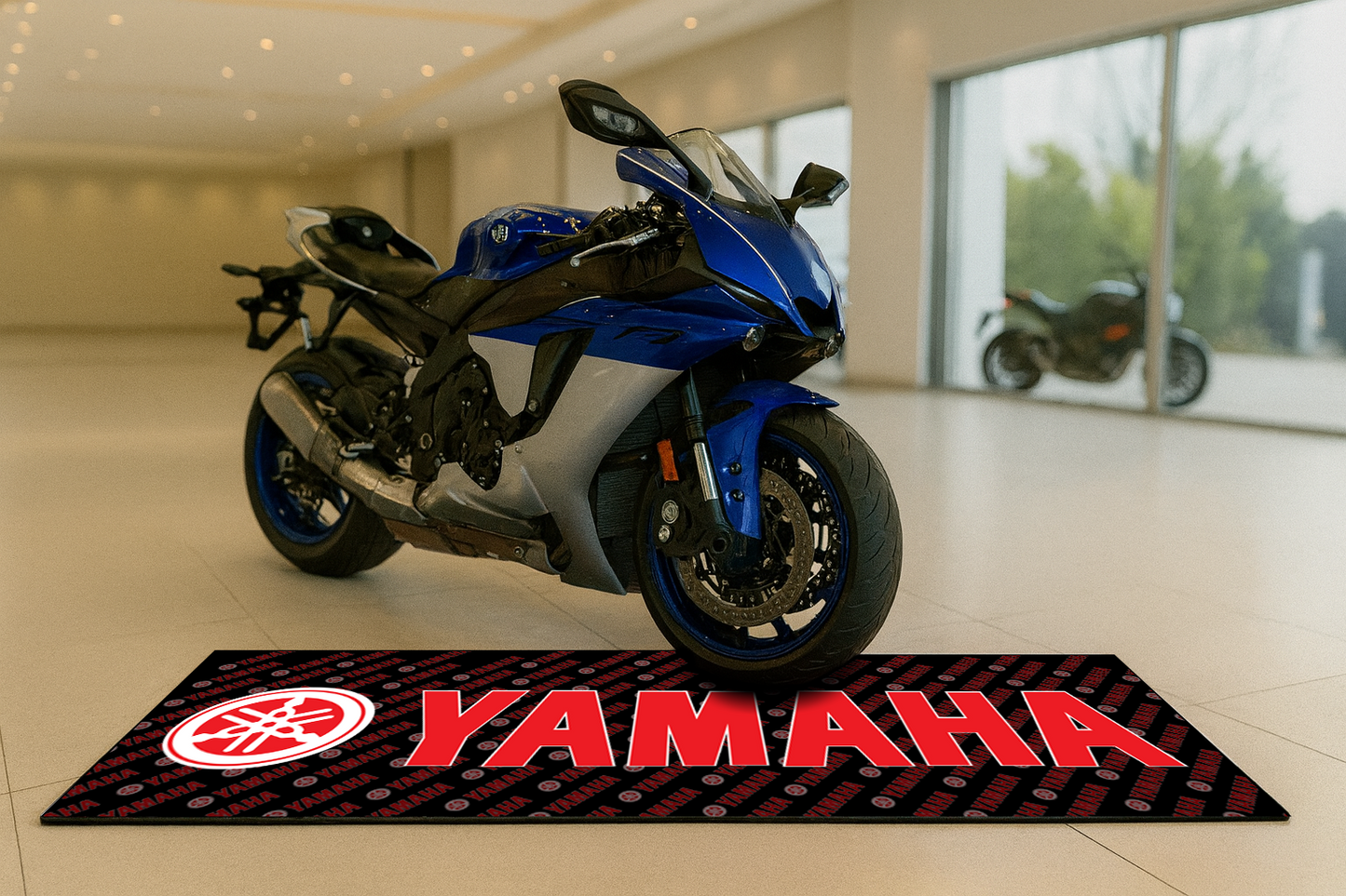Yamaha Motorcycle Garage Floor Mat 32x87 Inches Premium Showroom Rug & Wall Decor Racing Style Bike Carpet