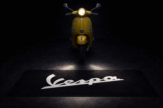 Vespa Motorcycle Garage Floor Mat 32x87 Inches Premium Showroom Rug & Wall Decor Racing Style Bike Carpet